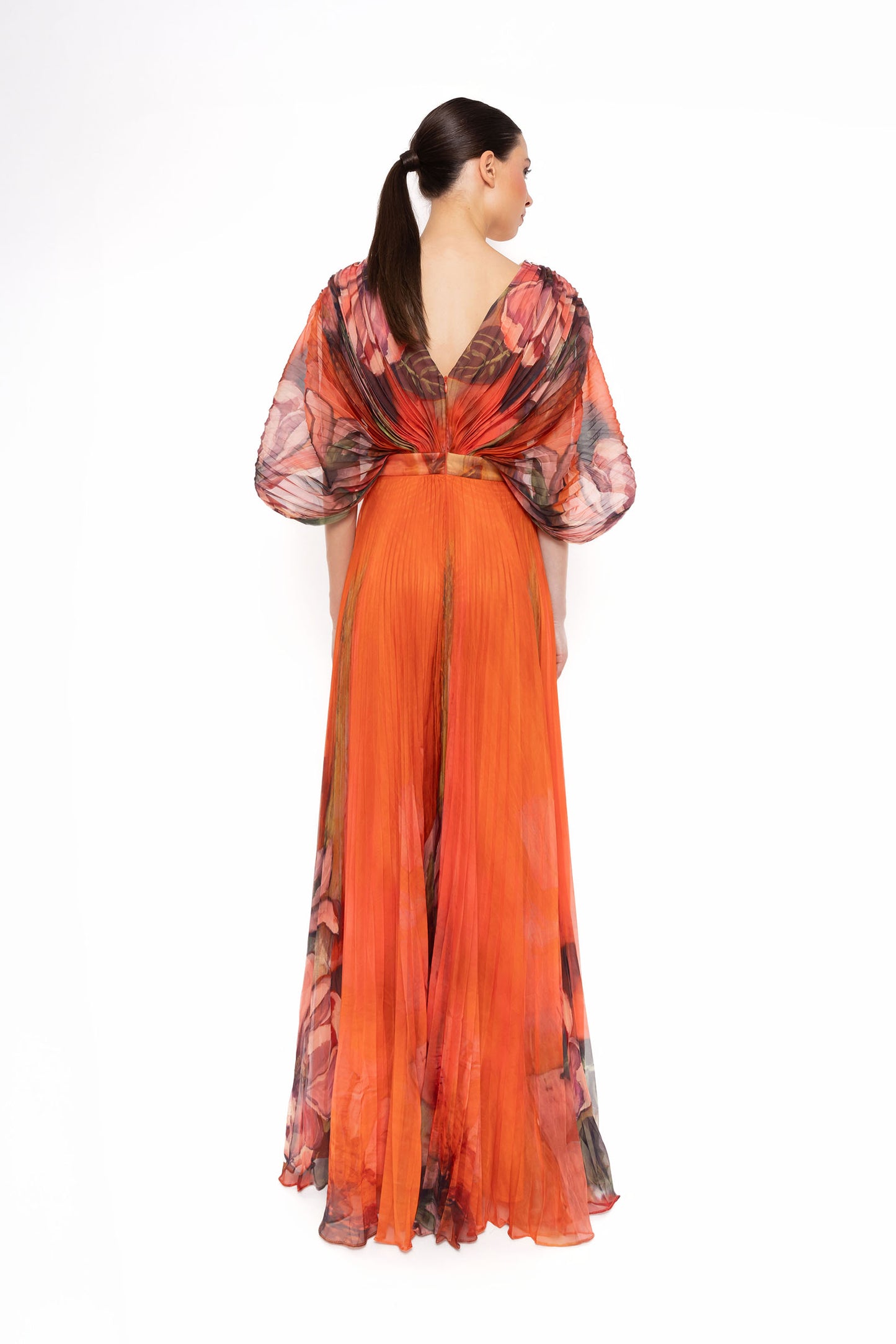 Carla Ruiz 52700 Pleated Chiffon Gown in Sunset Orange