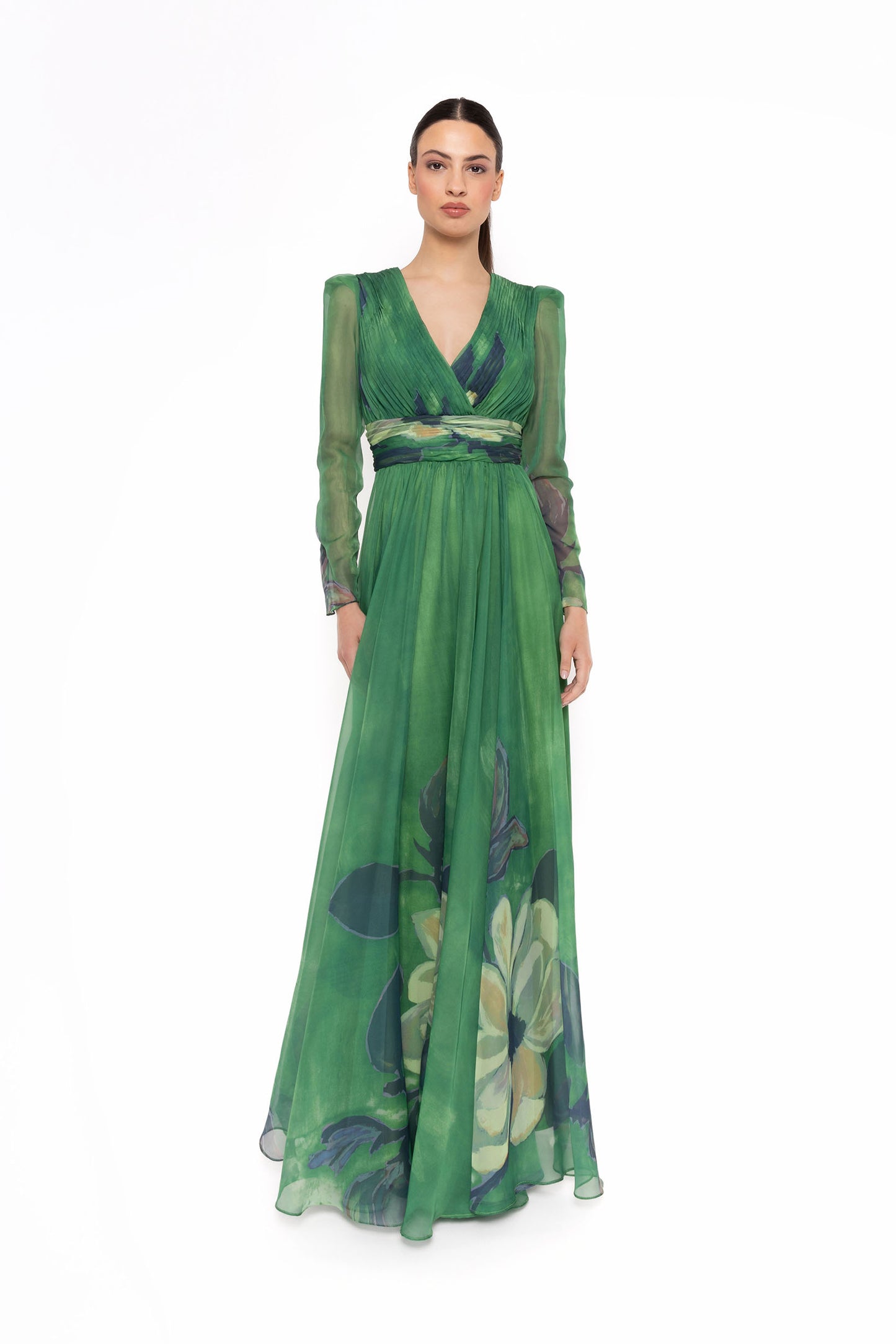 Carla Ruiz Green Floral Chiffon V-Neck Long Sleeve Gown – 52701