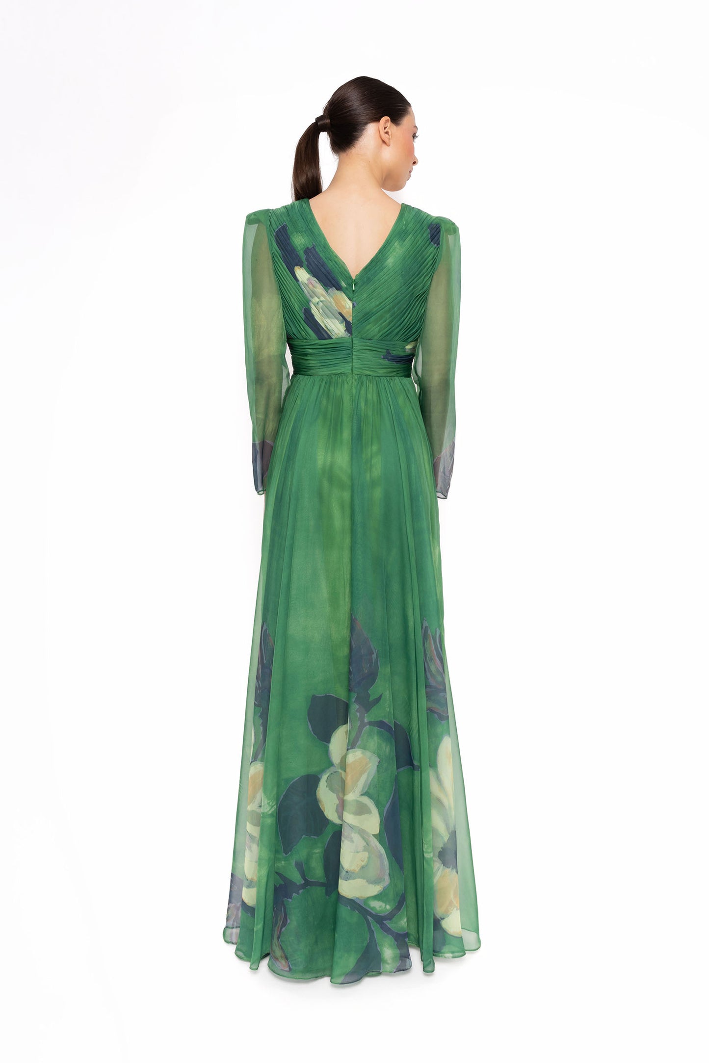 Carla Ruiz Green Floral Chiffon V-Neck Long Sleeve Gown – 52701