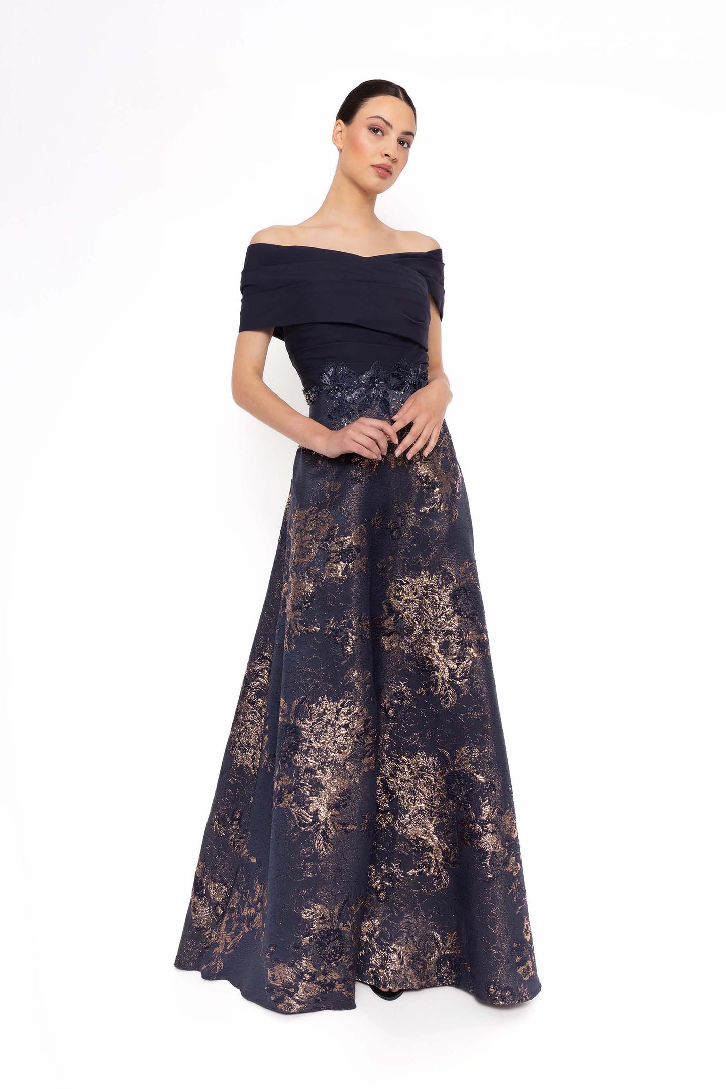 Carla Ruiz Off-Shoulder Jacquard Evening Gown with Metallic Detailing – 52716