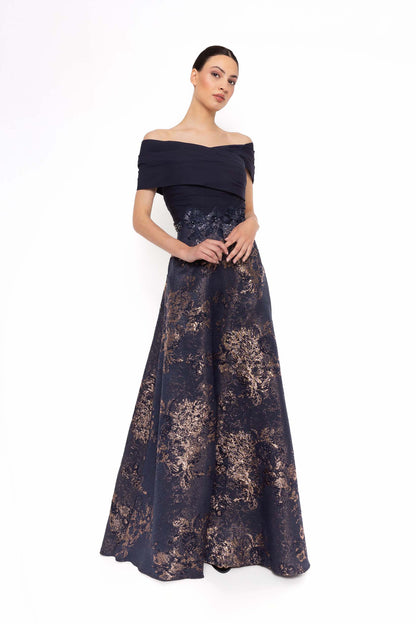 Carla Ruiz Off-Shoulder Jacquard Evening Gown with Metallic Detailing – 52716