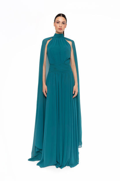 Carla Ruiz High-Neck Cape Chiffon Evening Gown – 52727
