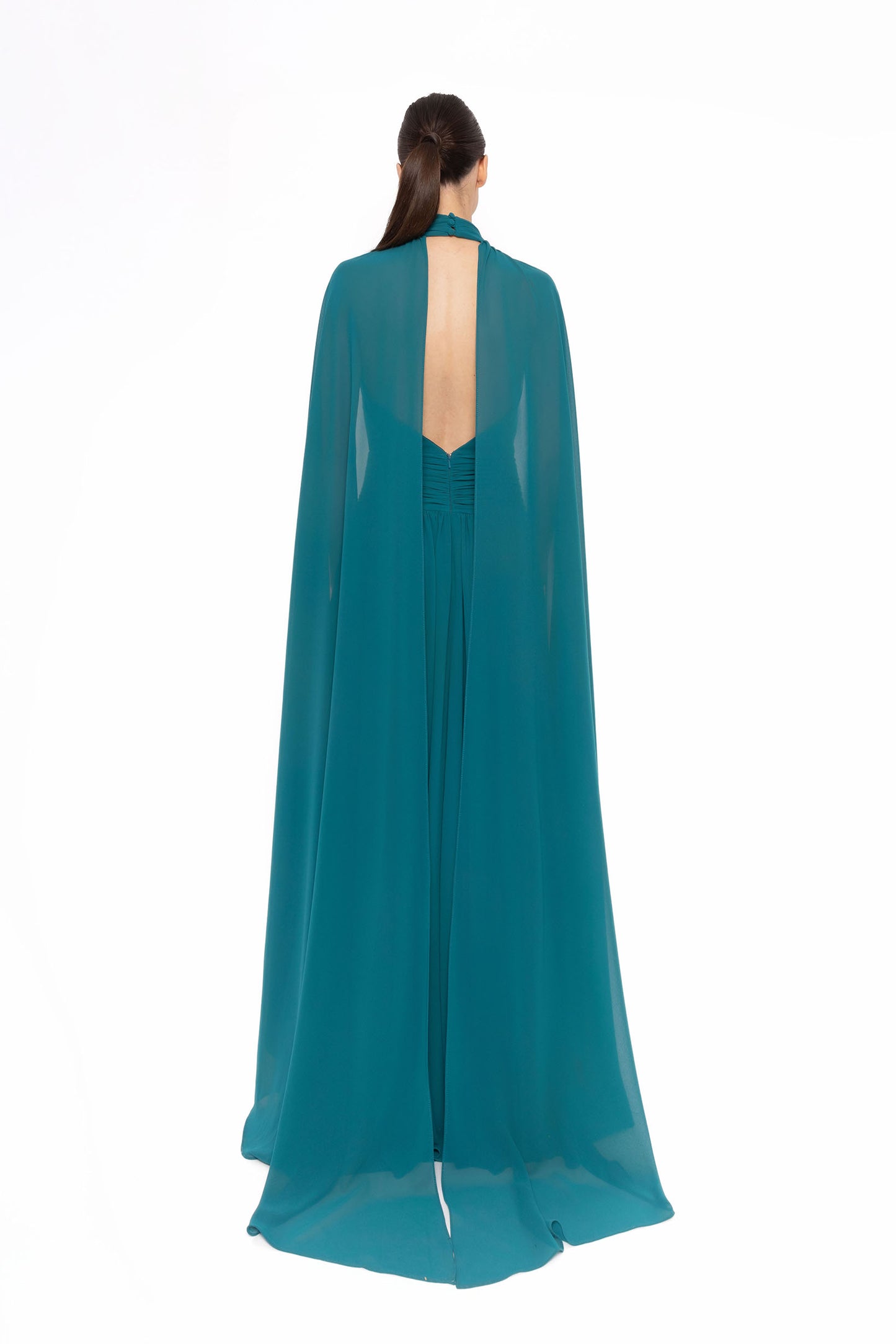 Carla Ruiz High-Neck Cape Chiffon Evening Gown – 52727