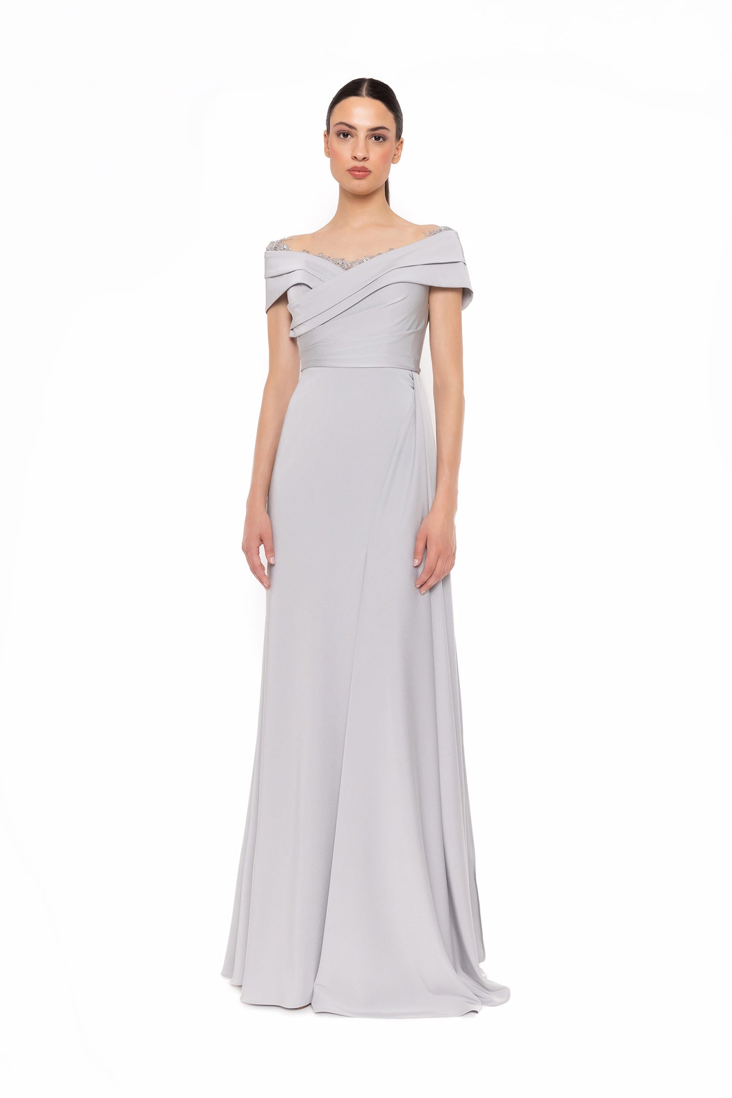 Carla Ruiz Off-Shoulder Draped Evening Gown – Style 52728