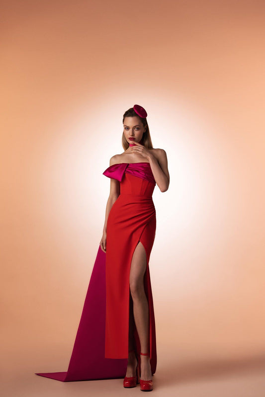 Red and Pink Strapless Gown with Bow Detail