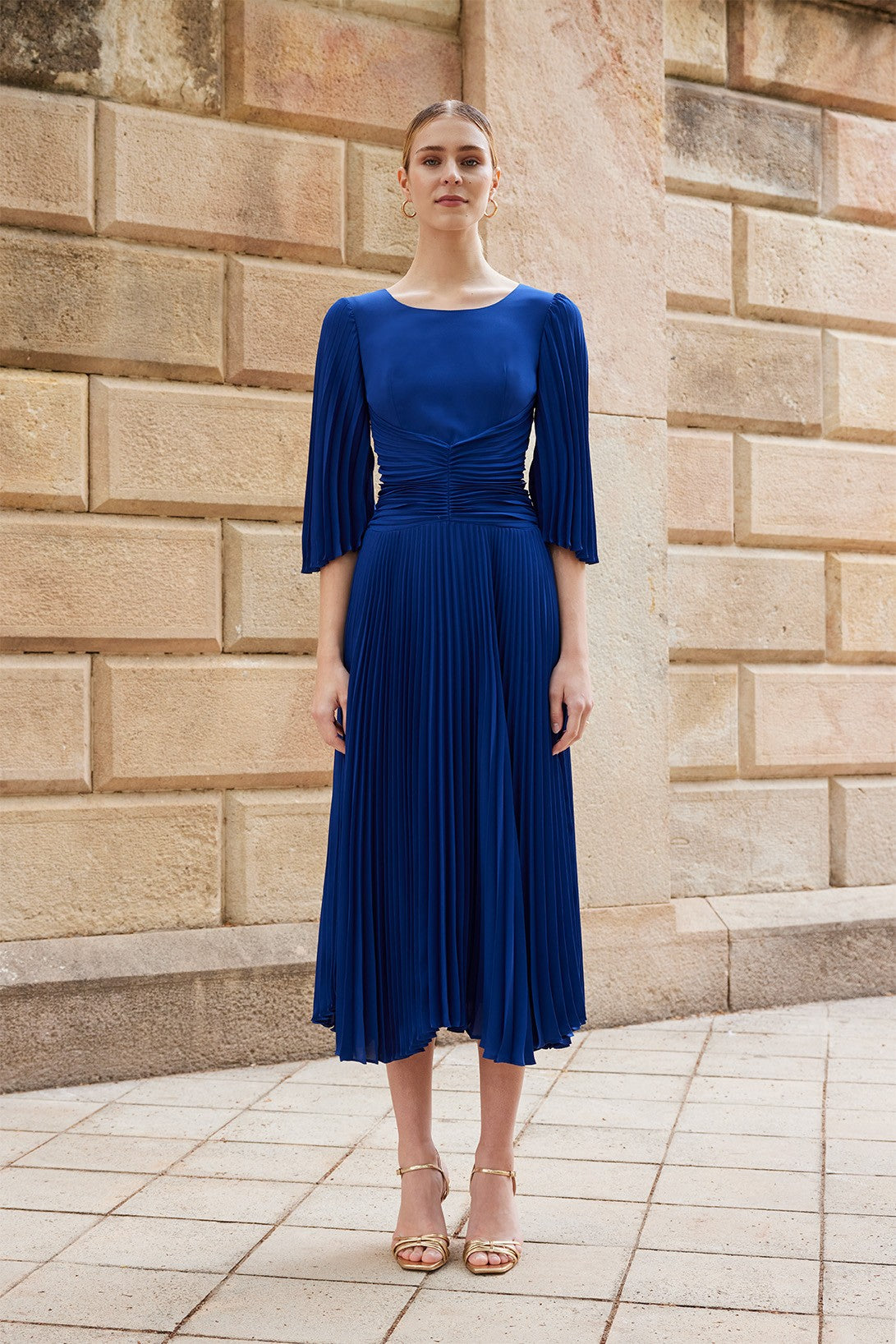 Carla-Ruiz-Pleated-Dress-Royal-Blue-Elegant-Choice-Special-Occasions-Chic-Round-Neckline