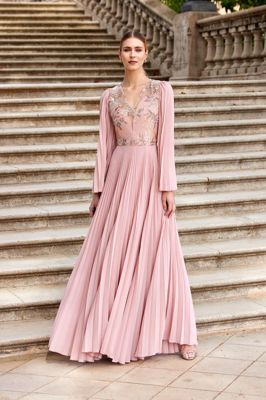 Carla-Ruiz-99596-Pleated-Dress-Embroidered-Body-Timeless-Elegance-Evening-Events-Front-View - Rofial Beauty