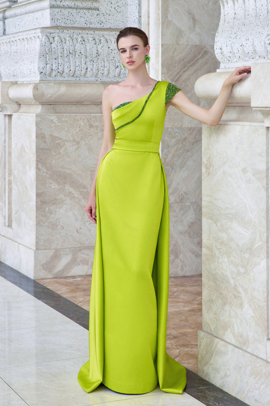 I.H.F Atelier: Exquisite Lime Green One-Shoulder Gown with Beaded Details