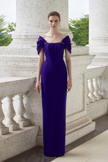 I.H.F Atelier: Elegant Royal Blue Taffeta Gown with Off-Shoulder Design