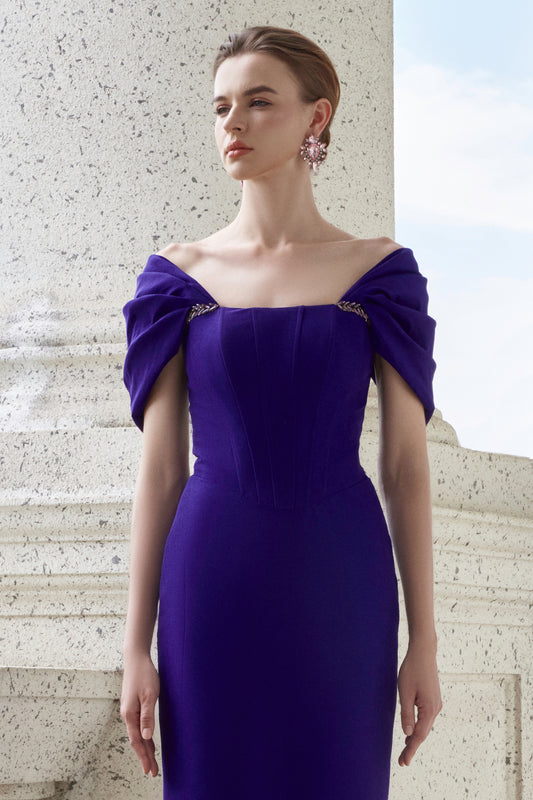 I.H.F Atelier: Elegant Royal Blue Taffeta Gown with Off-Shoulder Design