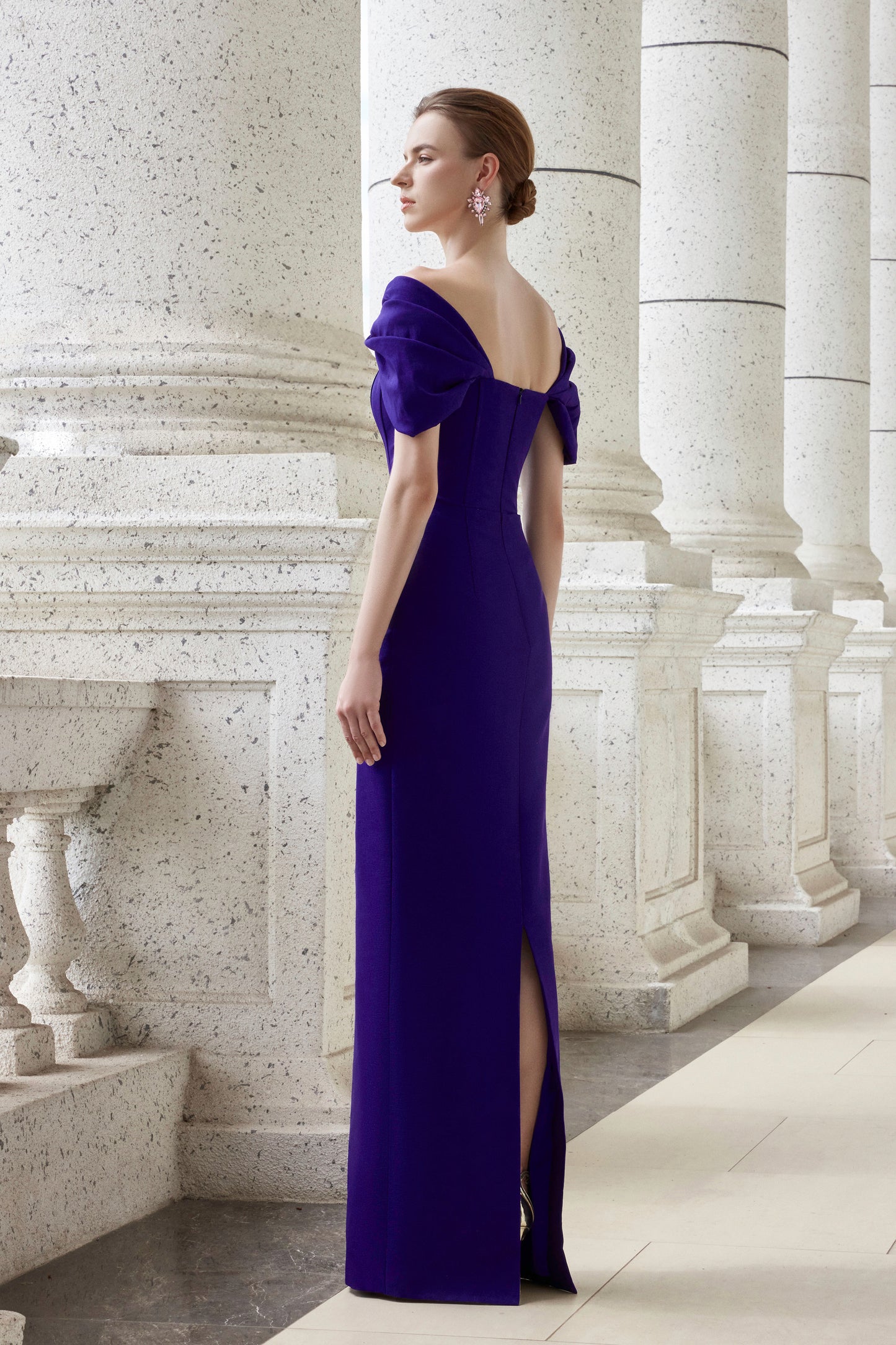 I.H.F Atelier: Elegant Royal Blue Taffeta Gown with Off-Shoulder Design