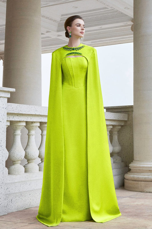 I.H.F Atelier: Elegant Lime Green Gown with Cape and Beaded Details