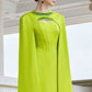 I.H.F Atelier: Elegant Lime Green Gown with Cape and Beaded Details