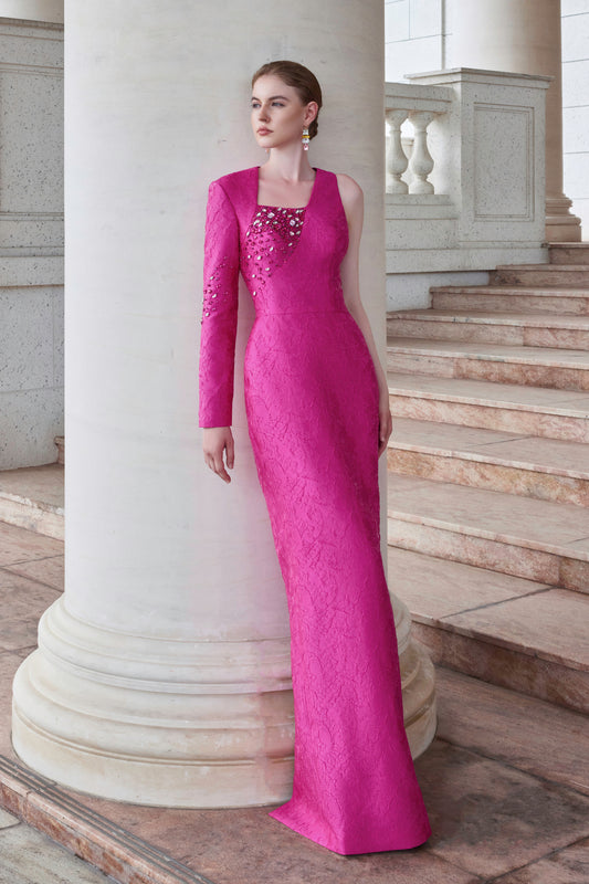 I.H.F Atelier: Elegant Fuchsia Acanthus Jacquard Gown with Beaded Details