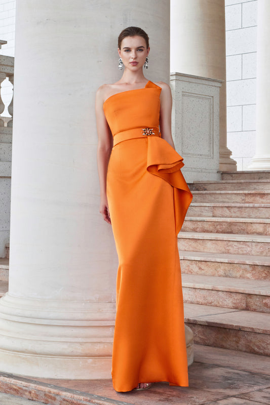 I.H.F Atelier: Stunning Orange One-Shoulder Agate Silk Evening Dress