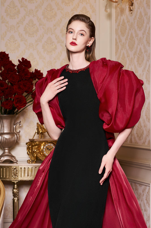 I.H.F Atelier: Elegant Black and Red Gown with Dramatic Puff Sleeves