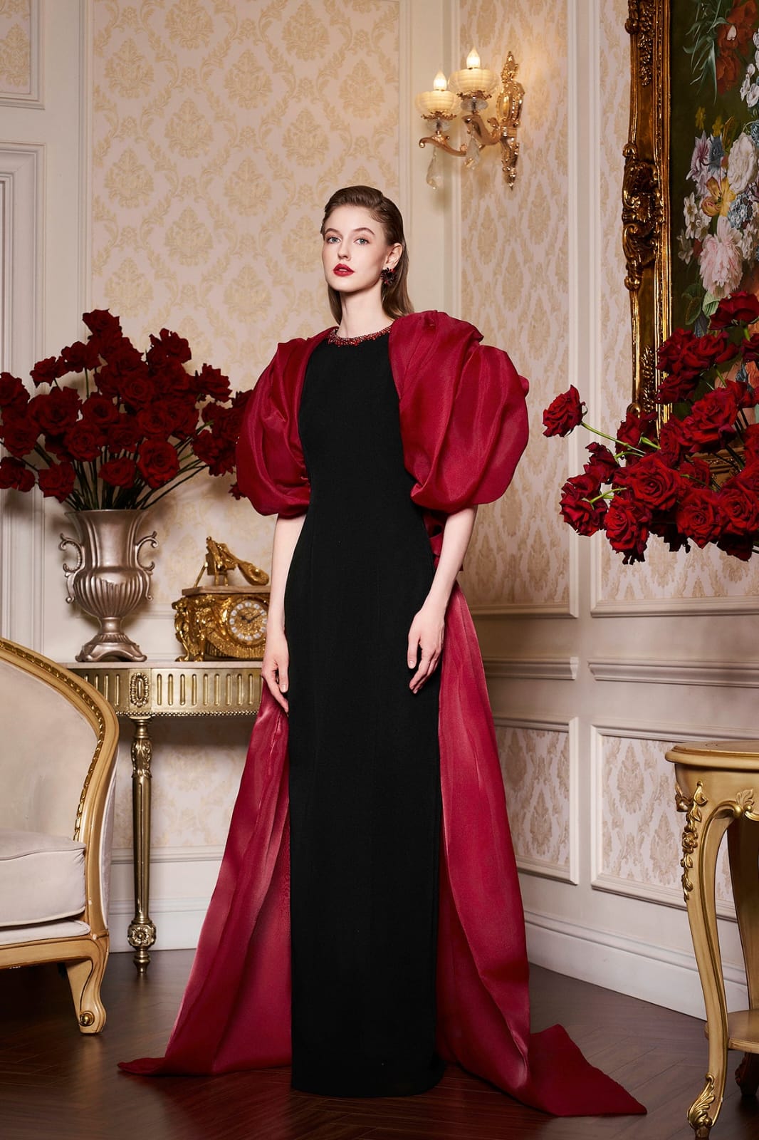 Elegant Black and Red Gown with Dramatic Puff Sleeves by I.H.F Atelier