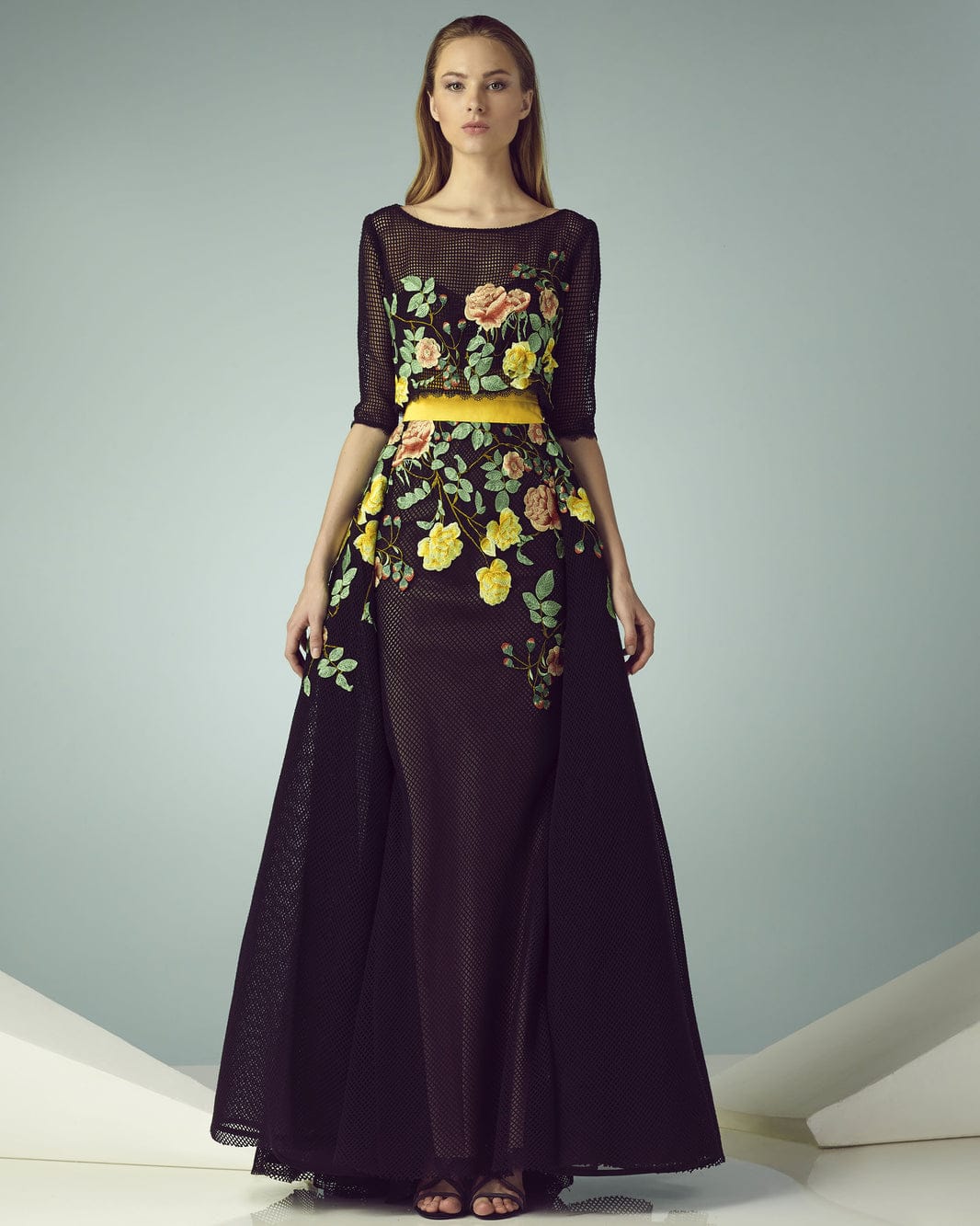 Gemy-Maalouf-BC1227-Floral-Long-Dress-Black-Enchanting-Elegance-Modern-Twist-Front-View - Rofial Beauty