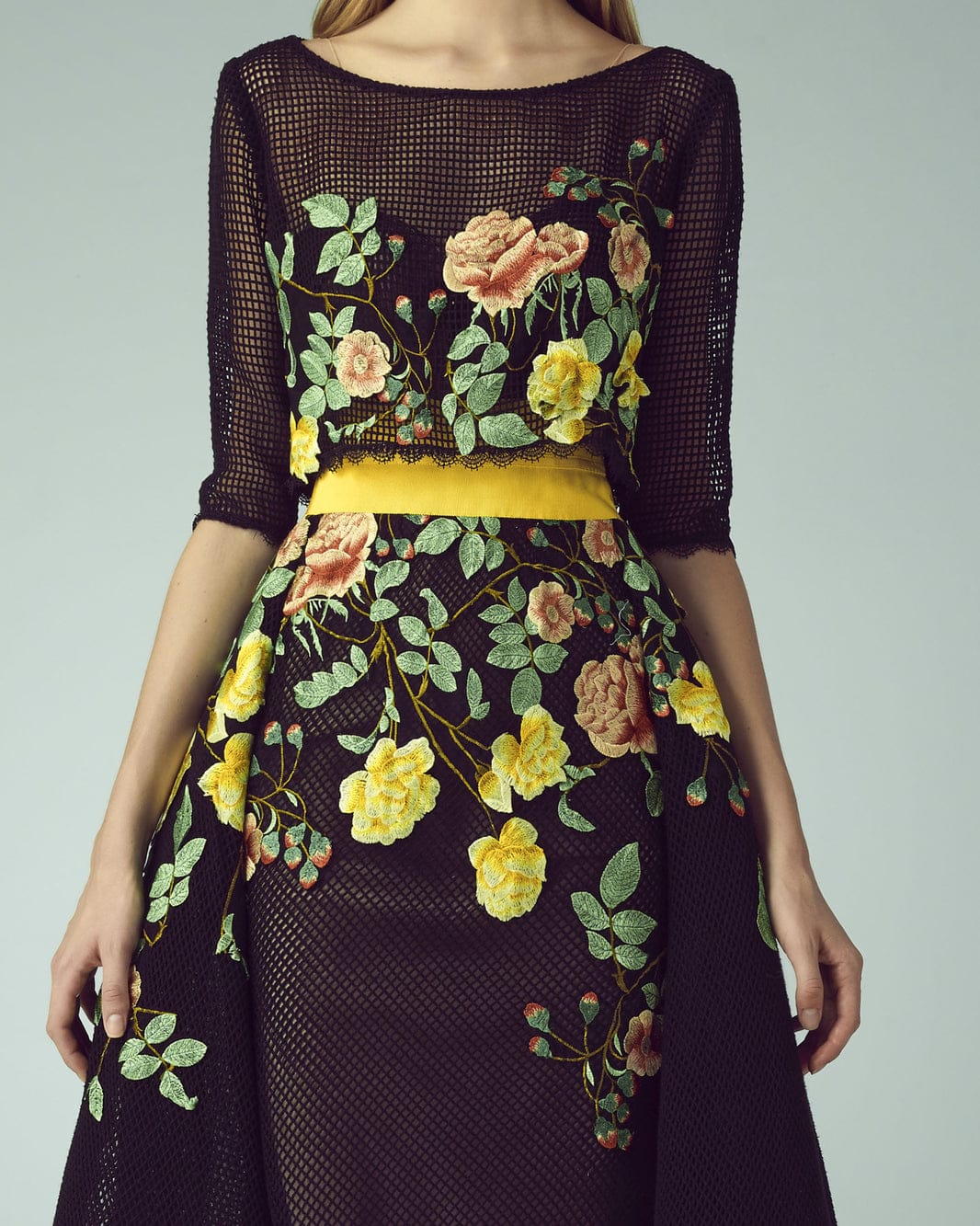 Gemy-Maalouf-BC1227-Floral-Long-Dress-Black-Enchanting-Elegance-Modern-Twist-Detail-View - Rofial Beauty
