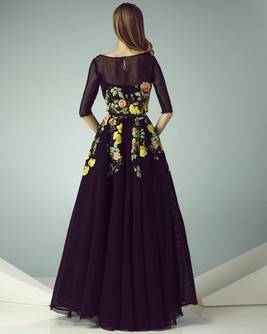 Gemy-Maalouf-BC1227-Floral-Long-Dress-Black-Enchanting-Elegance-Modern-Twist-Back-View - Rofial Beauty