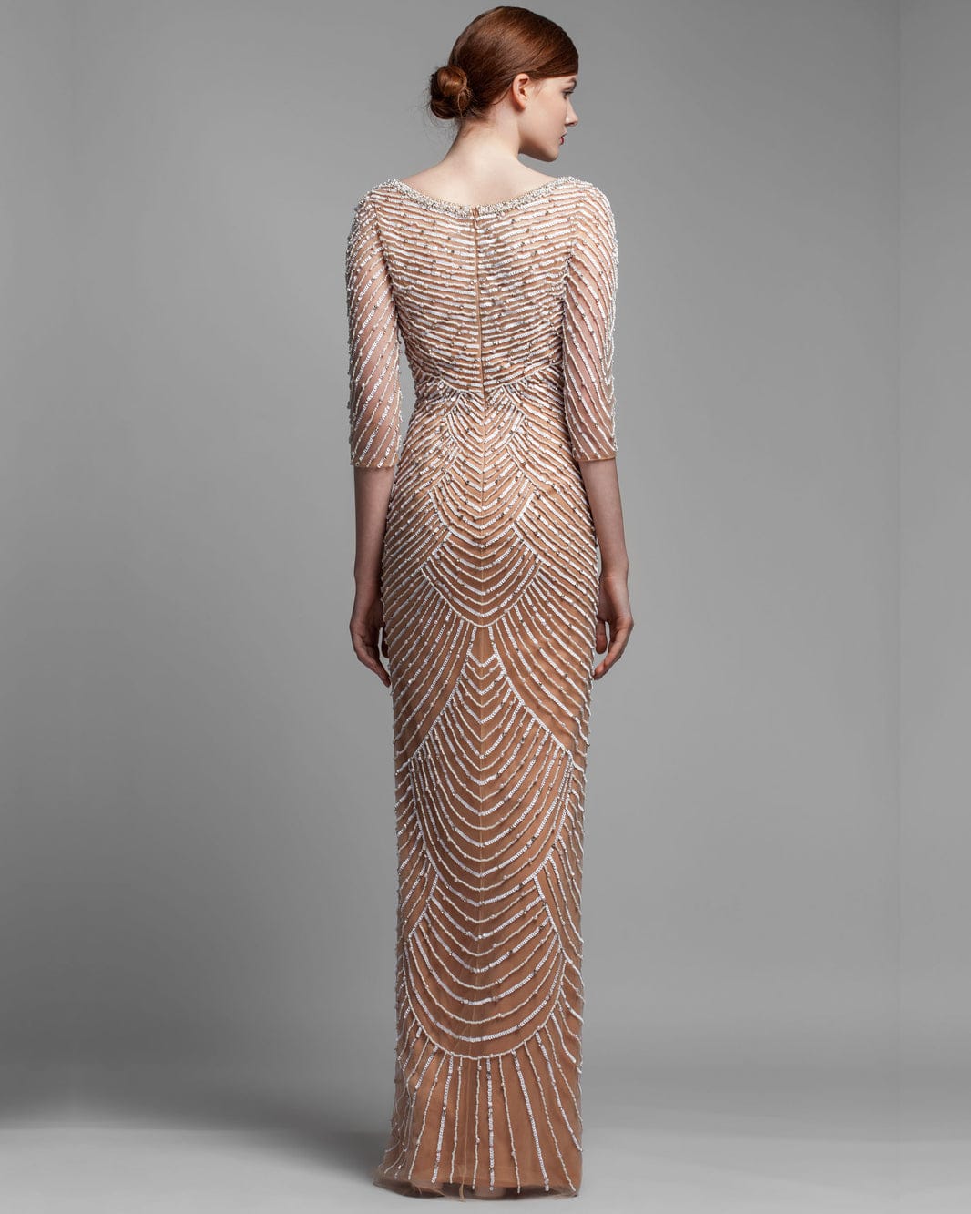Gemy Maalouf BC1418 Beaded Long Dress in Ivory Skin - Exquisite Elegance with Dropped Neckline