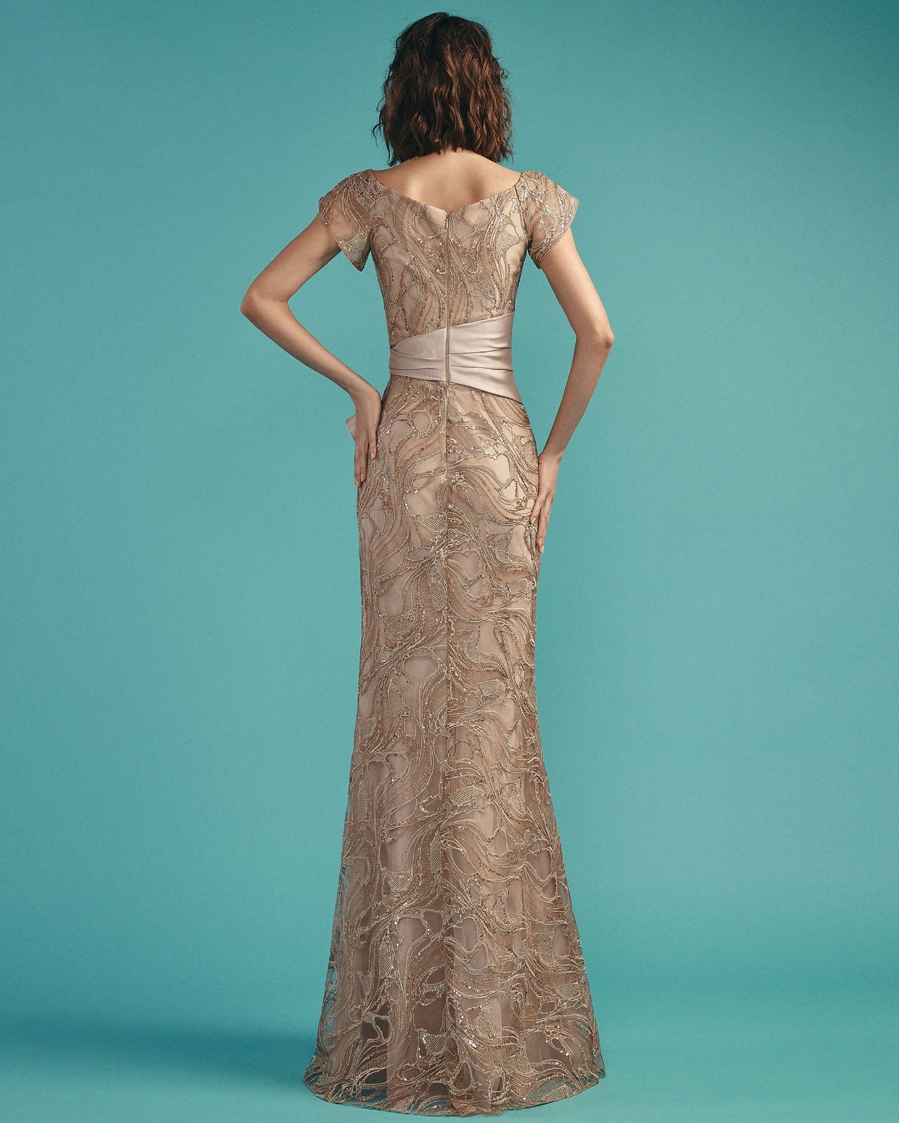 Back view of the Gemy Maalouf BC1485 dress showing the zipper detail and daring slit