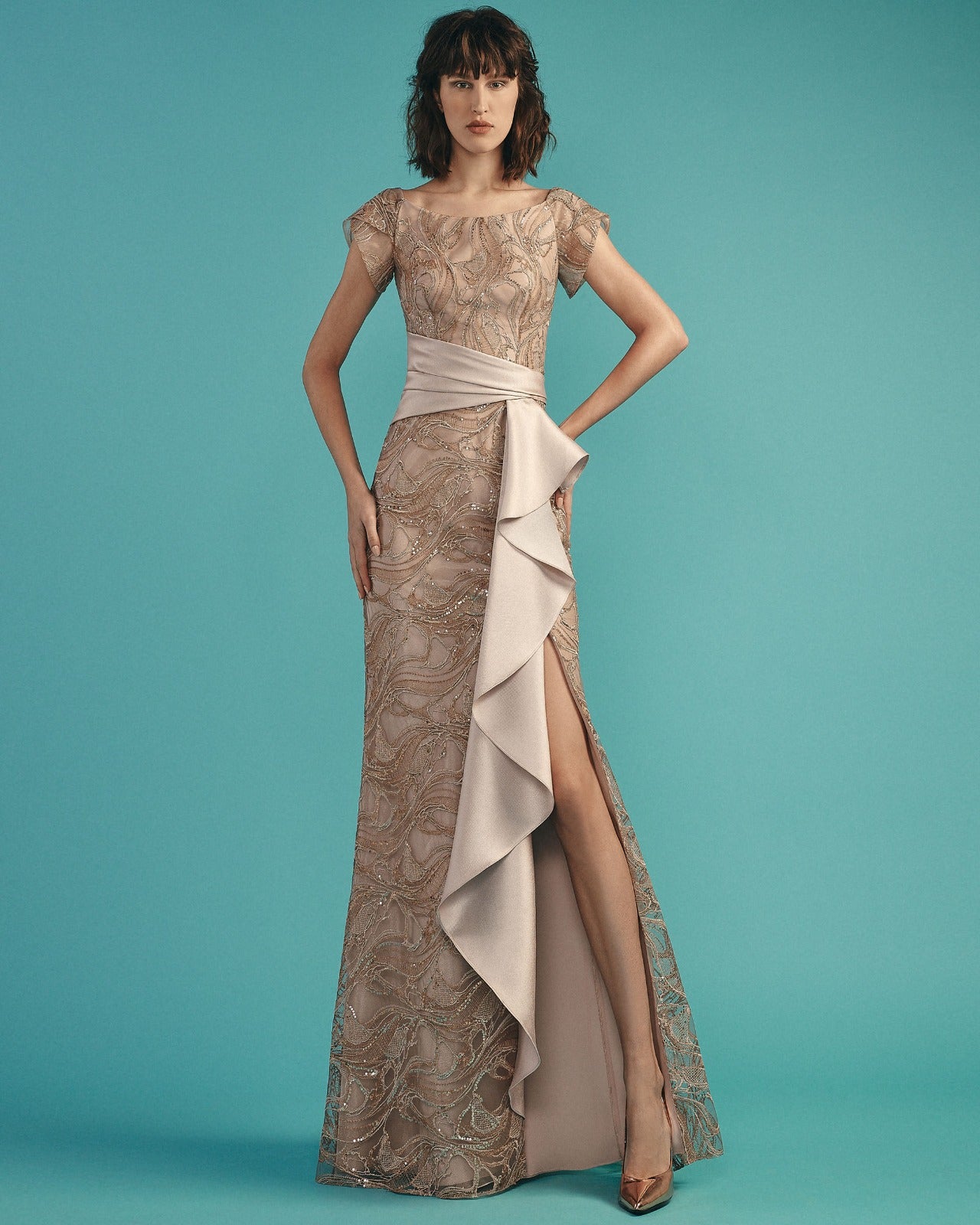 Gemy Maalouf BC1485 hazelnut sequin dress with ruffled details and a daring slit