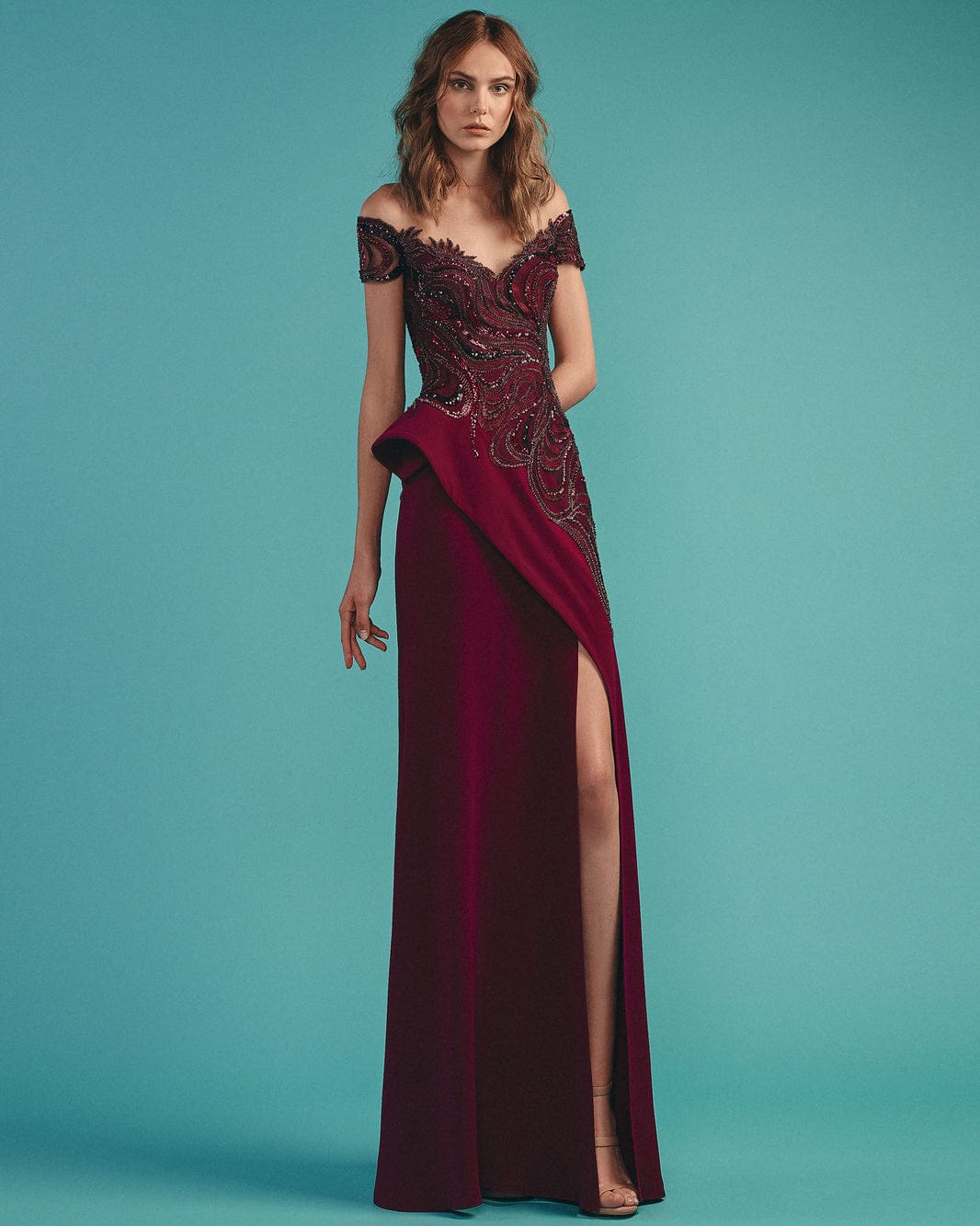Gemy-Maalouf-BC1516-Embellished-Long-Dress-Purple-Glamorous-Off-Shoulder-Elegance-Front-View - Rofial Beauty