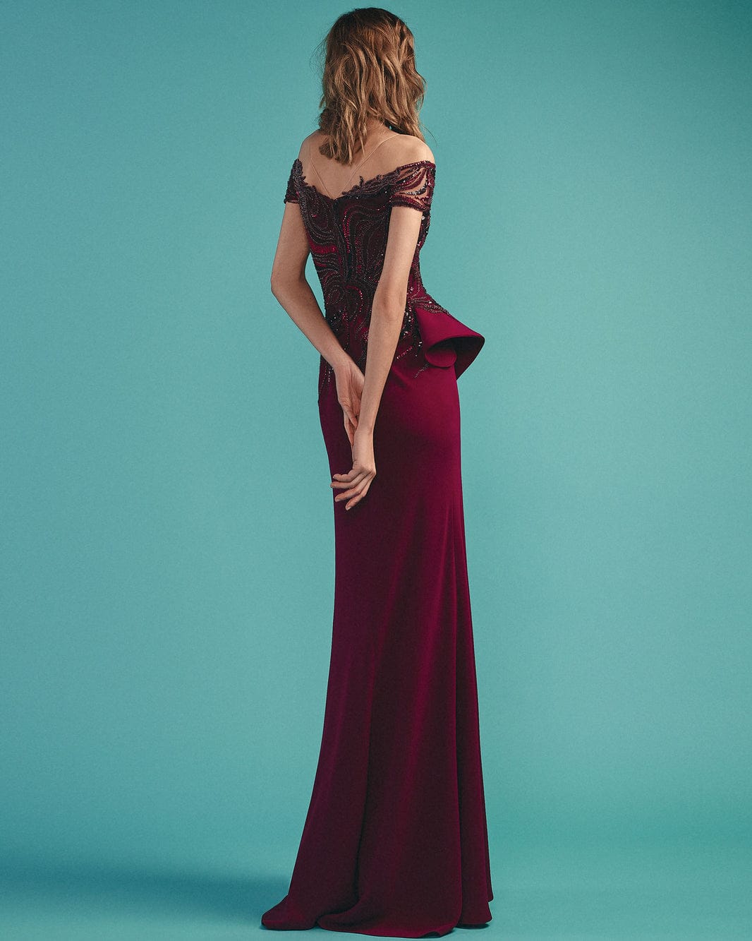 Gemy-Maalouf-BC1516-Embellished-Long-Dress-Purple-Glamorous-Off-Shoulder-Elegance-Back-View - Rofial Beauty