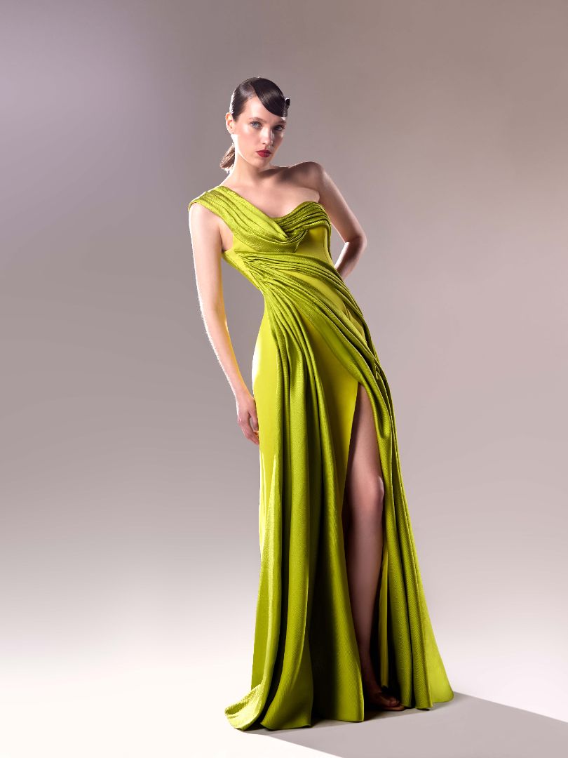 Gaby Charbachy 1606: Opulent Lime One Shoulder Draped Dress with Piqué Mikado & Crepe
