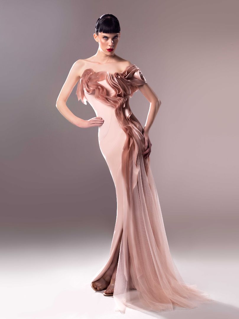 Gaby Charbachy 1622: Powder Pink Gown With Organdie Inserts and Tulle Detailing