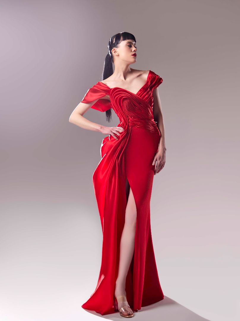 Gaby Charbachy 1624: Off the Shoulder Organza Draped Crepe Dress: Classic Elegance Meets Modern Allure