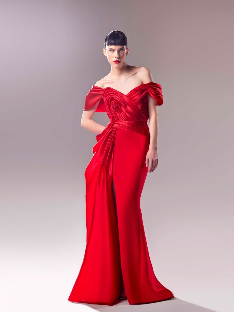 Gaby Charbachy 1624: Off the Shoulder Organza Draped Crepe Dress: Classic Elegance Meets Modern Allure