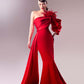 Gaby Charbachy 1629: One-sleeve Draped Mermaid Long Dress with Feather Accents