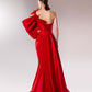Gaby Charbachy 1629: One-sleeve Draped Mermaid Long Dress with Feather Accents