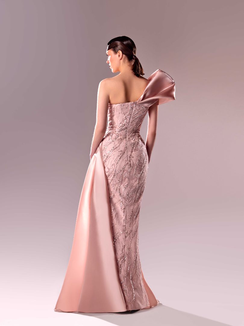 Gaby Charbachy 1631: One-Shoulder Draped Organdie and Lace Evening Dress