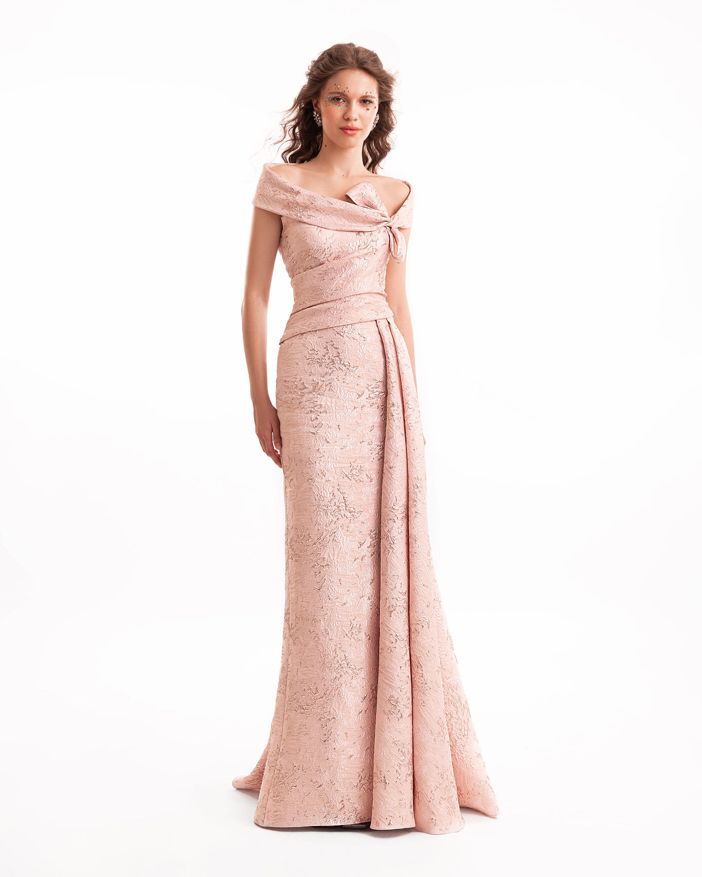 Gemy Maalouf EDR26 2135LD Off-the-Shoulder Jacquard Evening Gown with Bow Detail