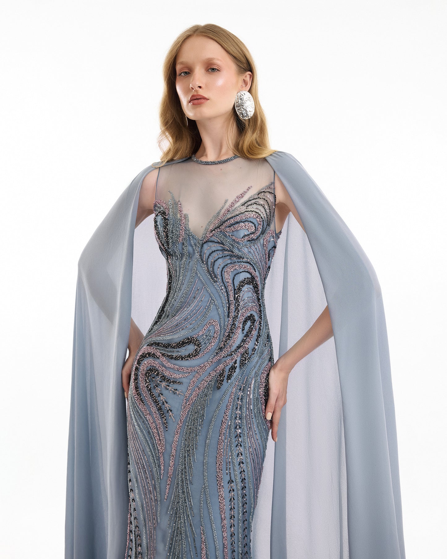 Gemy Maalouf EDSS26 2152LD Beaded Embroidered Cape Evening Gown