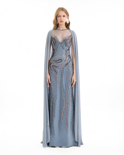 Gemy Maalouf EDSS26 2152LD Beaded Embroidered Cape Evening Gown