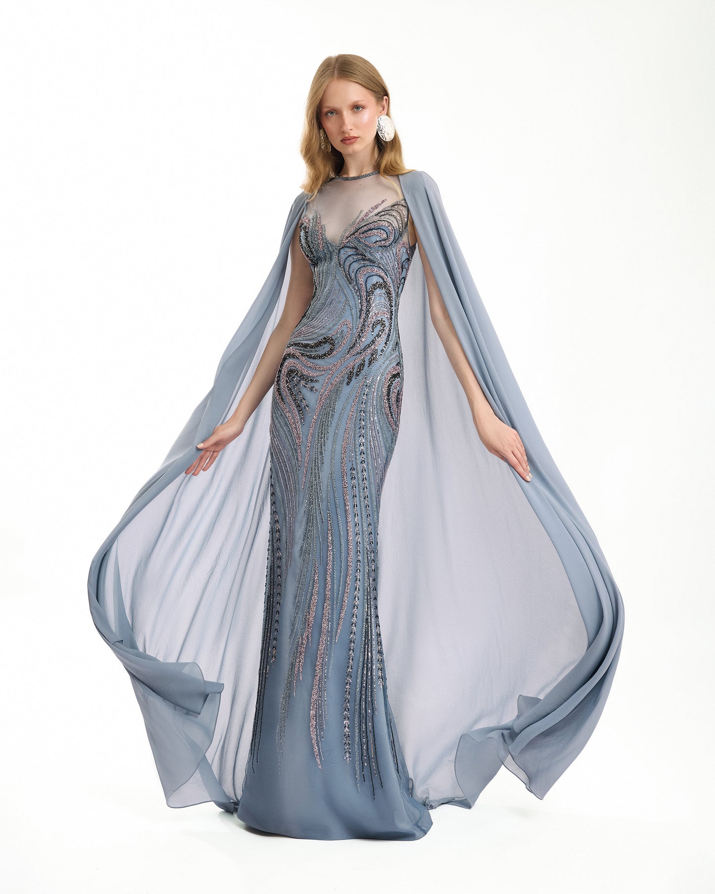 Gemy Maalouf EDSS26 2152LD Beaded Embroidered Cape Evening Gown