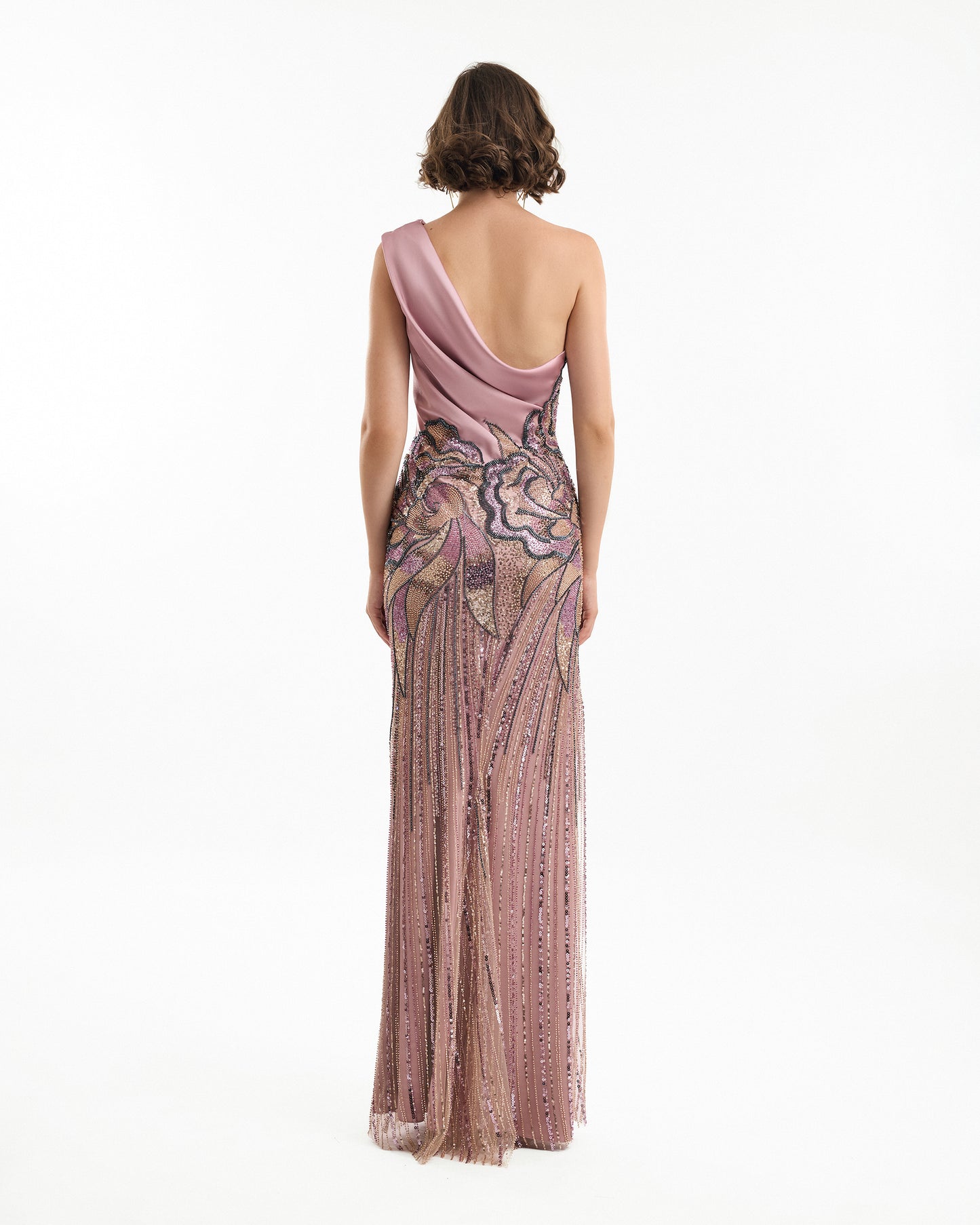 Gemy Maalouf EDSS26 2155LD One-Shoulder Beaded Floral Evening Gown