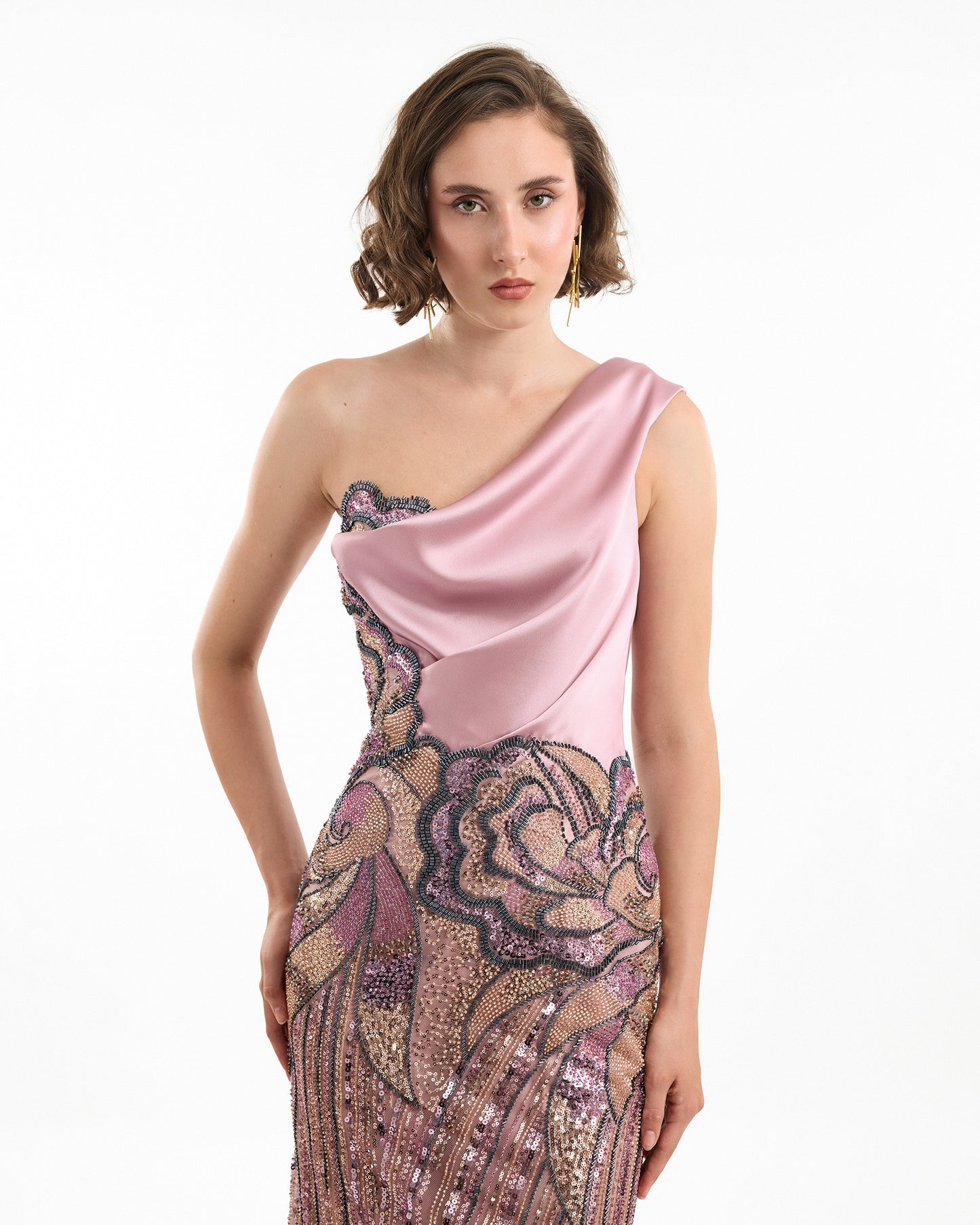 Gemy Maalouf EDSS26 2155LD One-Shoulder Beaded Floral Evening Gown