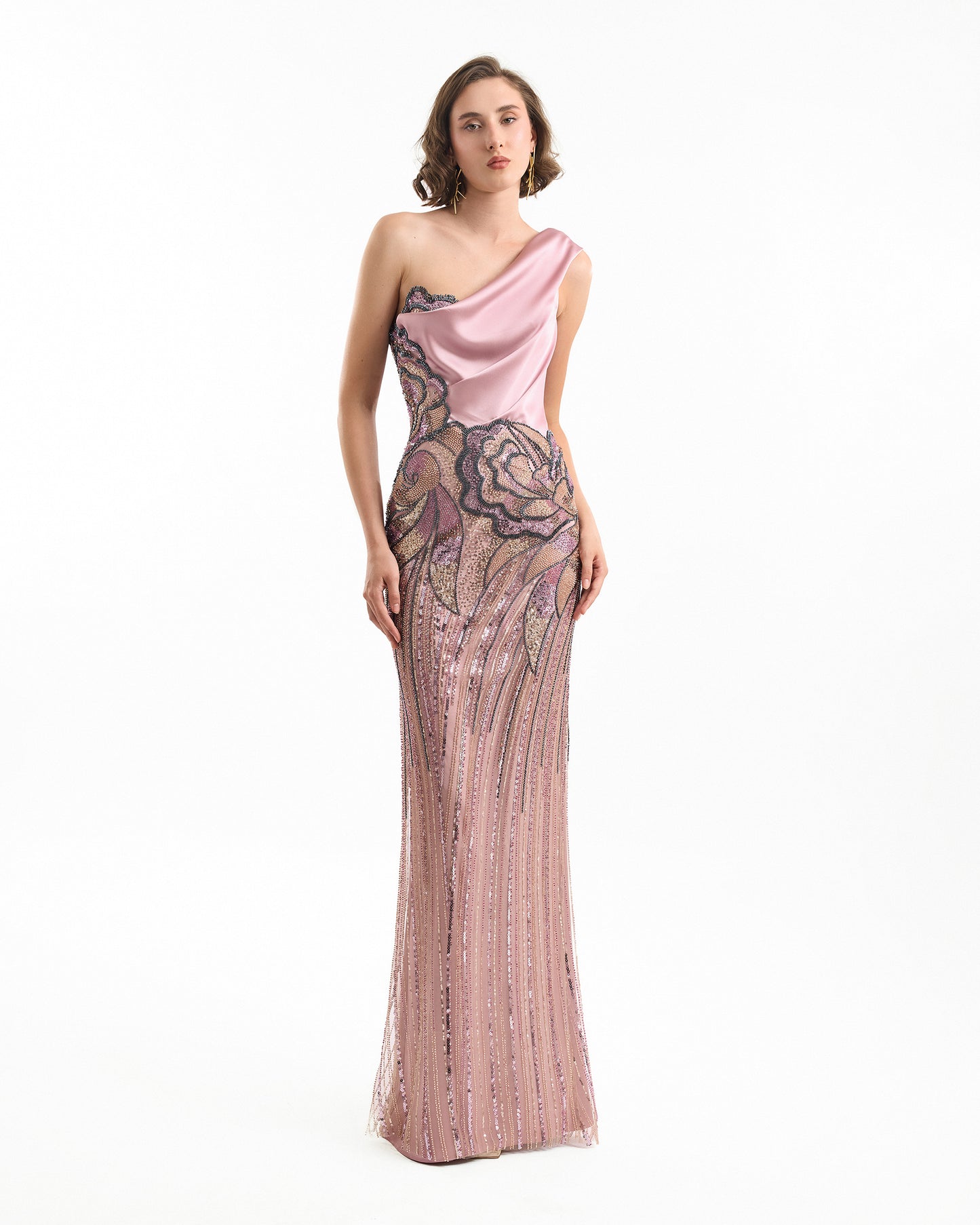 Gemy Maalouf EDSS26 2155LD One-Shoulder Beaded Floral Evening Gown