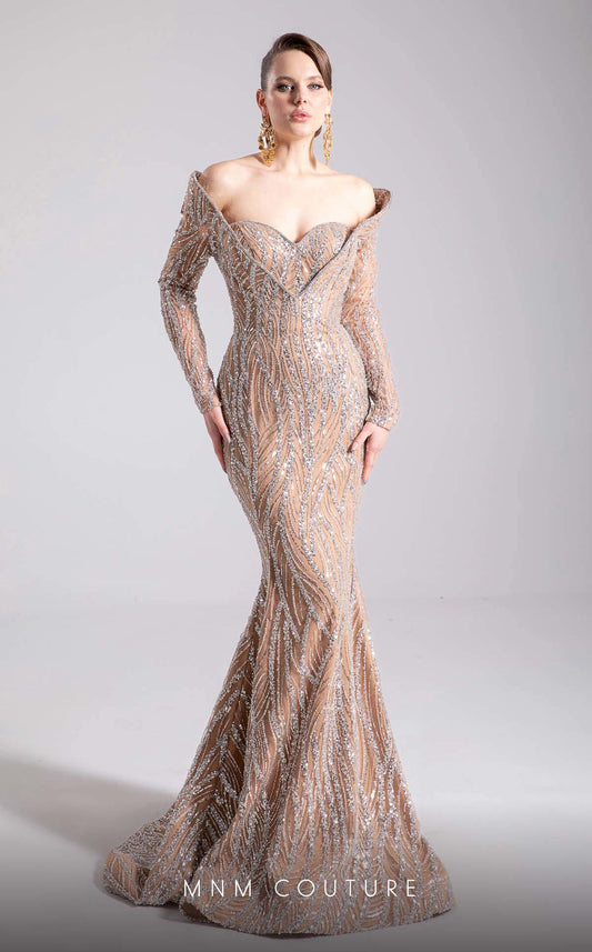 MNM Couture F02900 Off-Shoulder Sequined Mermaid Gown