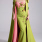 MNM Couture F02917 Pistache & Pink Strapless Column Gown with Floral Cape