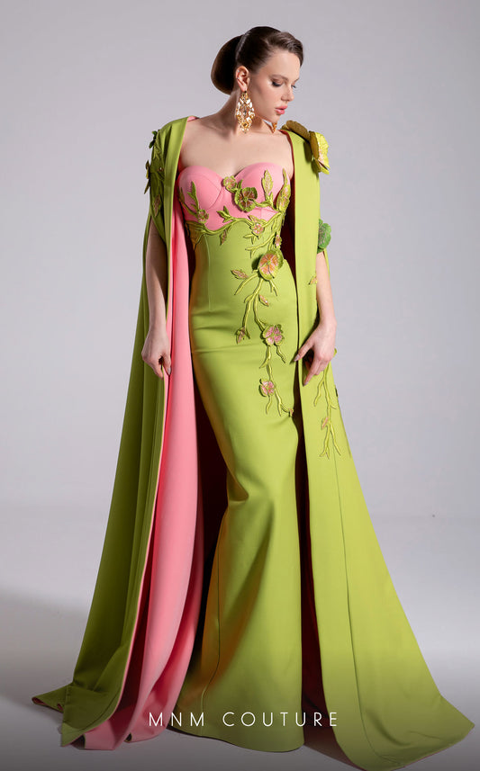 MNM Couture F02917 Pistache & Pink Strapless Column Gown with Floral Cape