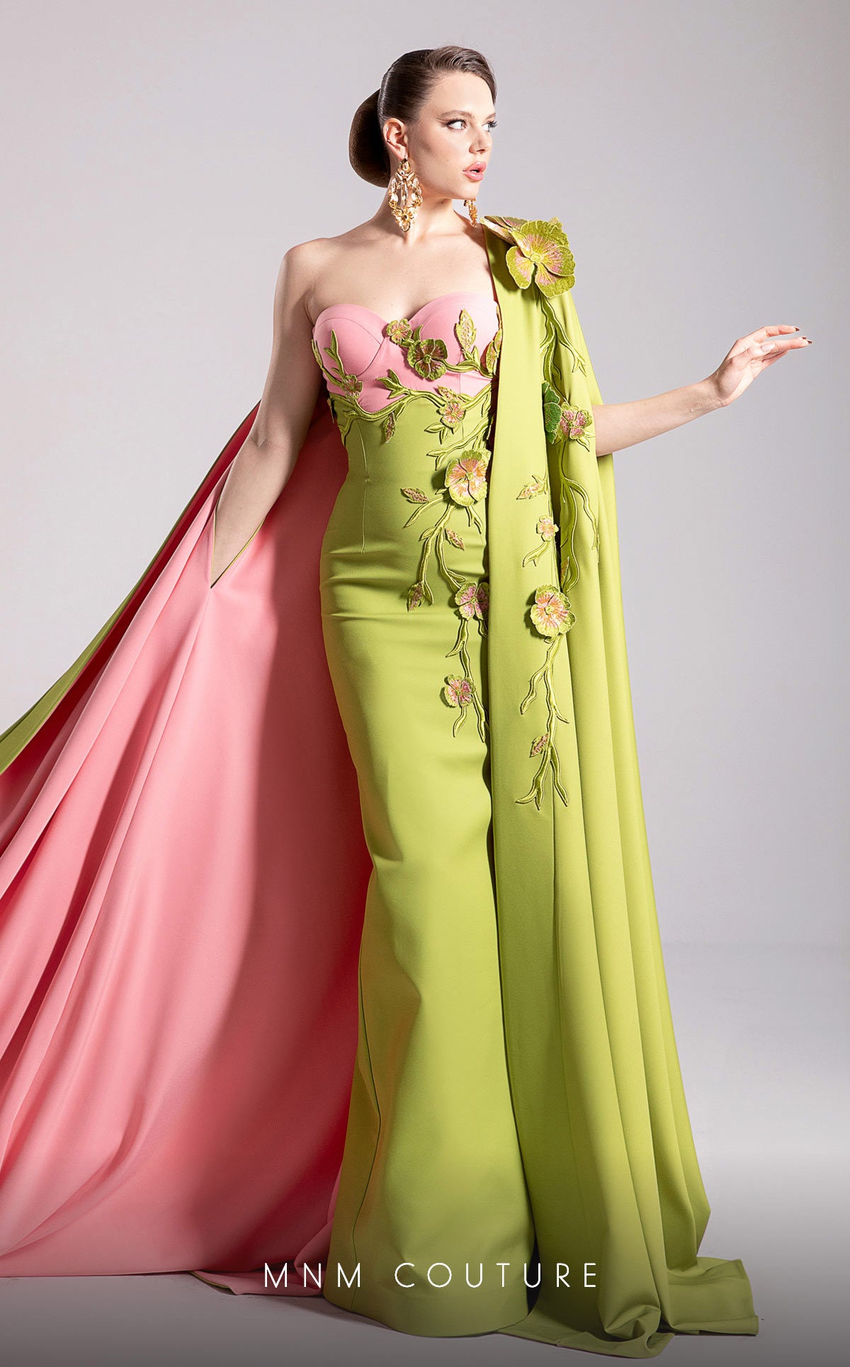 MNM Couture F02917 Pistache & Pink Strapless Column Gown with Floral Cape
