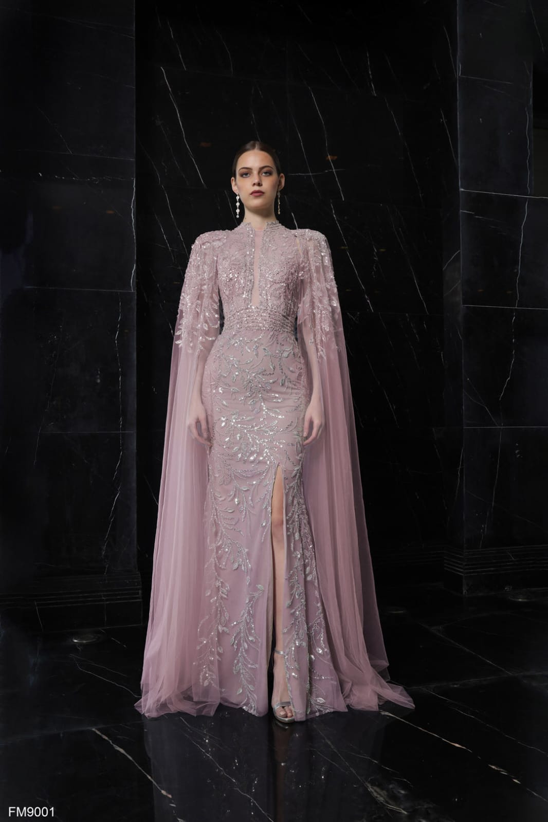 Azzure Couture FM9001 Embellished Cape Sleeve Evening Gown