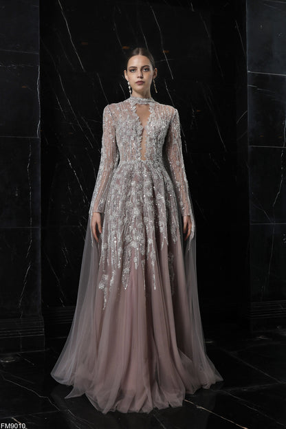 Azzure Couture: Graceful Dust Pink Gown with Sheer Sleeves