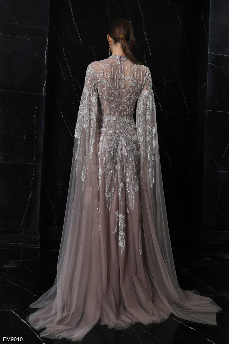 Azzure Couture: Graceful Dust Pink Gown with Sheer Sleeves